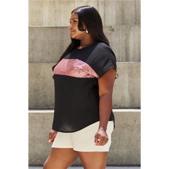 Sew In Love Shine Bright Full Size Center Mesh Sequin Top in Black/Mauve - Picture 3 of 12